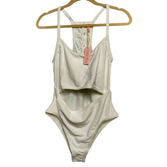 Chloe Rose White Carnation Mini Rib Cut-Out Front Laced Back Swimsuit Sz L  NEW - Picture 2 of 6